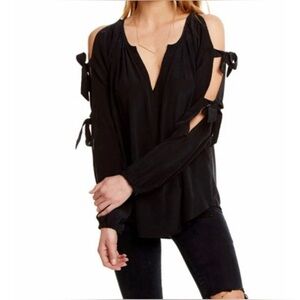 CHASER Silk Slit Tie Sleeve Elegant Black Cold Shoulder Blouse Size M NWT
